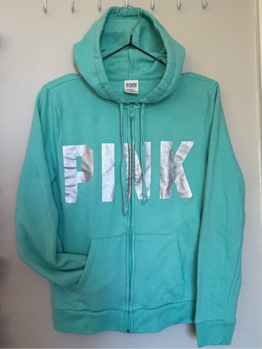 PINK Victoria's Secret Full-Zip Hoodie with Silver Foil Logo - Aqua
